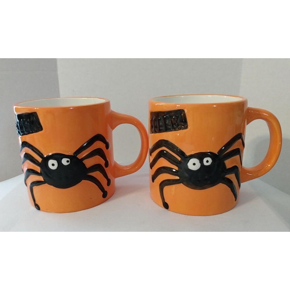 Halloween Spider Mugs Lot of 2: Atico Coffee Cups Dimensional Cute Spooky 3D